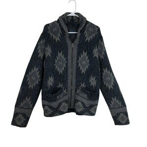 Lucky Brand Cardigan Shawl Aztec Pattern Knit Zip-Up Hood & Pockets Size L Mens